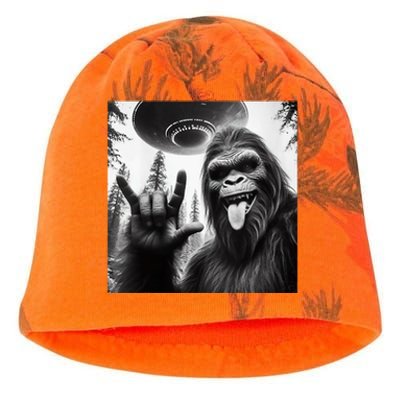 Funny Sasquatch Bigfoot Rock On Selfie With Ufo Alien Kati - Camo Knit Beanie