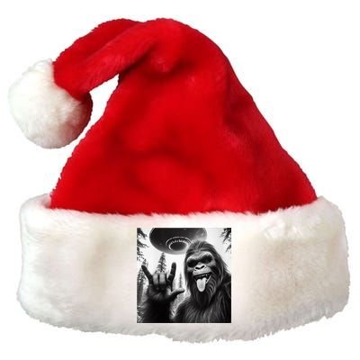 Funny Sasquatch Bigfoot Rock On Selfie With Ufo Alien Premium Christmas Santa Hat