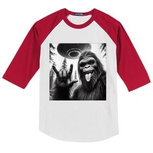 Funny Sasquatch Bigfoot Rock On Selfie With Ufo Alien Kids Colorblock Raglan Jersey