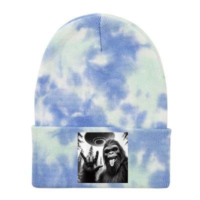 Funny Sasquatch Bigfoot Rock On Selfie With Ufo Alien Tie Dye 12in Knit Beanie