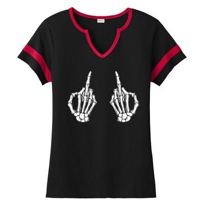 Funny Skeleton Bones Middle Finger Hands Ladies Halftime Notch Neck Tee