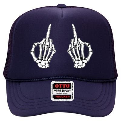 Funny Skeleton Bones Middle Finger Hands High Crown Mesh Back Trucker Hat