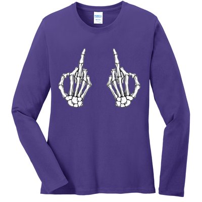 Funny Skeleton Bones Middle Finger Hands Ladies Long Sleeve Shirt