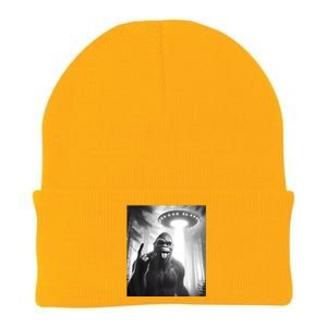 Funny Sasquatch Bigfoot Selfie With Ufo And Alien Knit Cap Winter Beanie