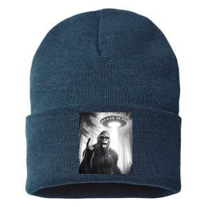 Funny Sasquatch Bigfoot Selfie With Ufo And Alien Sustainable Knit Beanie