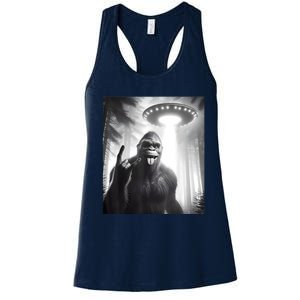 Funny Sasquatch Bigfoot Selfie With Ufo And Alien Women's Racerback Tank