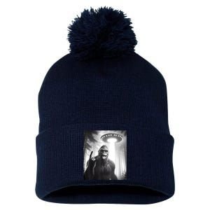 Funny Sasquatch Bigfoot Selfie With Ufo And Alien Pom Pom 12in Knit Beanie