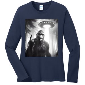 Funny Sasquatch Bigfoot Selfie With Ufo And Alien Ladies Long Sleeve Shirt