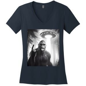 Funny Sasquatch Bigfoot Selfie With Ufo And Alien Women's V-Neck T-Shirt