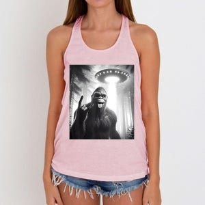 Funny Sasquatch Bigfoot Selfie With Ufo And Alien Women's Knotted Racerback Tank