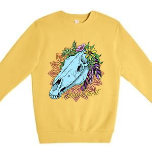 Free Spirit Boho Floral Horse Skull Cow Rodeo Horse Lover Gift Premium Crewneck Sweatshirt