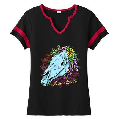 Free Spirit Boho Floral Horse Skull Cow Rodeo Horse Lover Gift Ladies Halftime Notch Neck Tee