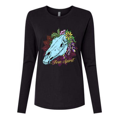 Free Spirit Boho Floral Horse Skull Cow Rodeo Horse Lover Gift Womens Cotton Relaxed Long Sleeve T-Shirt