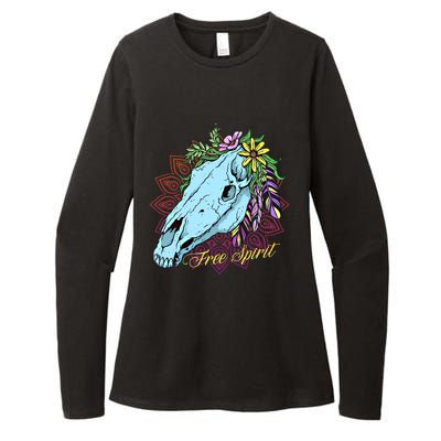 Free Spirit Boho Floral Horse Skull Cow Rodeo Horse Lover Gift Womens CVC Long Sleeve Shirt