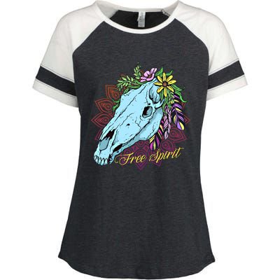 Free Spirit Boho Floral Horse Skull Cow Rodeo Horse Lover Gift Enza Ladies Jersey Colorblock Tee