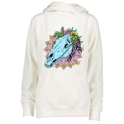 Free Spirit Boho Floral Horse Skull Cow Rodeo Horse Lover Gift Womens Funnel Neck Pullover Hood