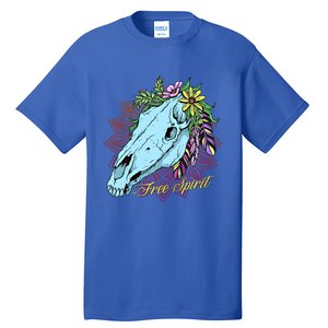 Free Spirit Boho Floral Horse Skull Cow Rodeo Horse Lover Gift Tall T-Shirt