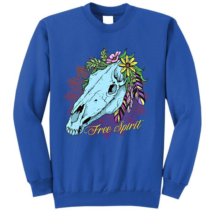 Free Spirit Boho Floral Horse Skull Cow Rodeo Horse Lover Gift Tall Sweatshirt