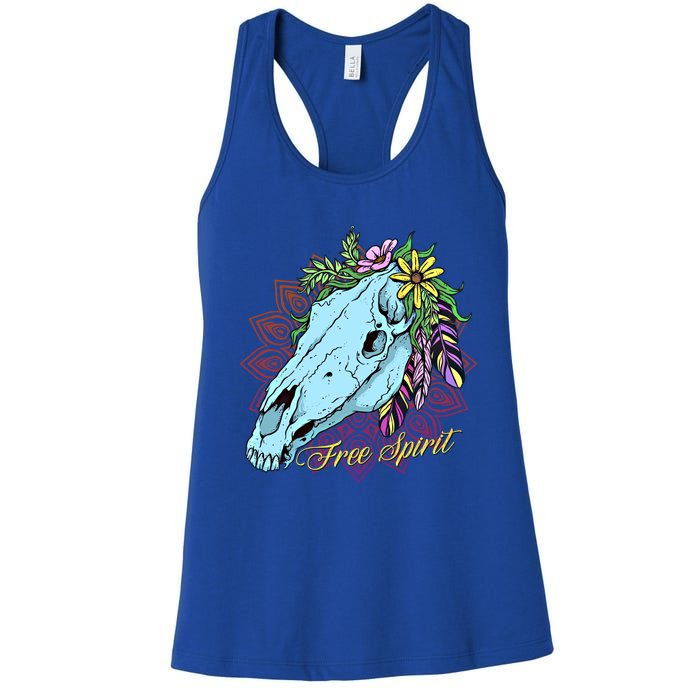 Free Spirit Boho Floral Horse Skull Cow Rodeo Horse Lover Gift Women's Racerback Tank