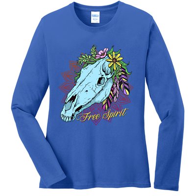 Free Spirit Boho Floral Horse Skull Cow Rodeo Horse Lover Gift Ladies Long Sleeve Shirt