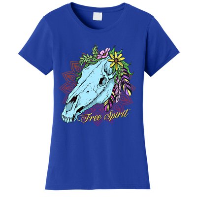 Free Spirit Boho Floral Horse Skull Cow Rodeo Horse Lover Gift Women's T-Shirt