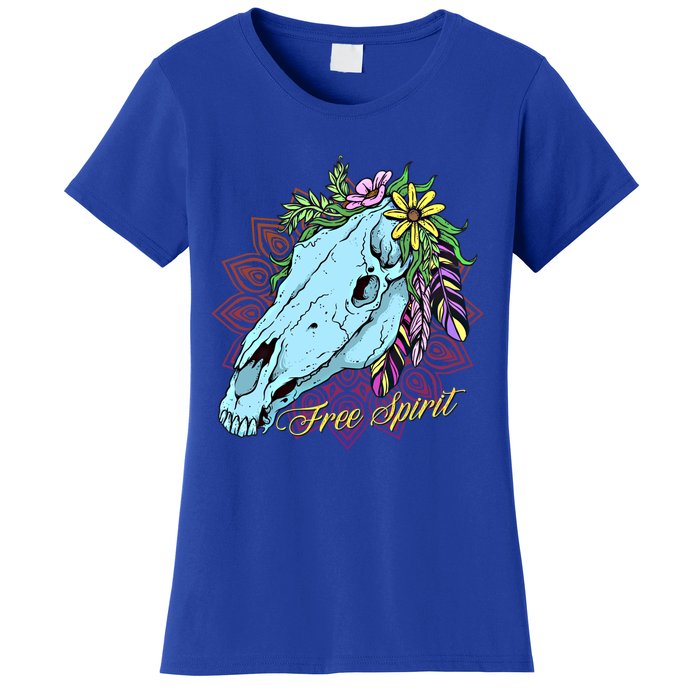 Free Spirit Boho Floral Horse Skull Cow Rodeo Horse Lover Gift Women's T-Shirt