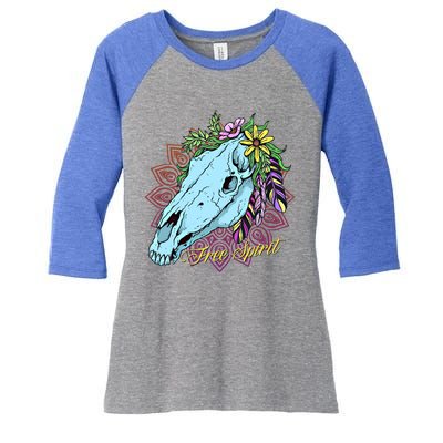 Free Spirit Boho Floral Horse Skull Cow Rodeo Horse Lover Gift Women's Tri-Blend 3/4-Sleeve Raglan Shirt