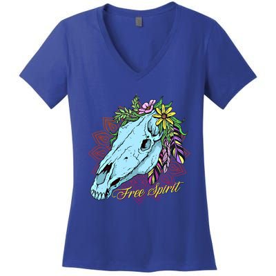 Free Spirit Boho Floral Horse Skull Cow Rodeo Horse Lover Gift Women's V-Neck T-Shirt