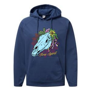 Free Spirit Boho Floral Horse Skull Cow Rodeo Horse Lover Gift Performance Fleece Hoodie