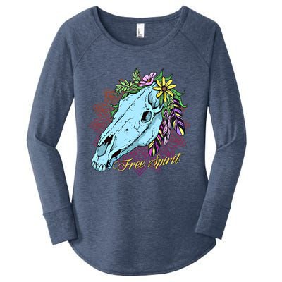 Free Spirit Boho Floral Horse Skull Cow Rodeo Horse Lover Gift Women's Perfect Tri Tunic Long Sleeve Shirt