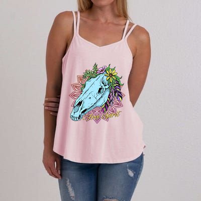 Free Spirit Boho Floral Horse Skull Cow Rodeo Horse Lover Gift Women's Strappy Tank