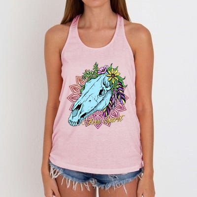 Free Spirit Boho Floral Horse Skull Cow Rodeo Horse Lover Gift Women's Knotted Racerback Tank