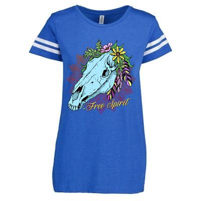 Free Spirit Boho Floral Horse Skull Cow Rodeo Horse Lover Gift Enza Ladies Jersey Football T-Shirt