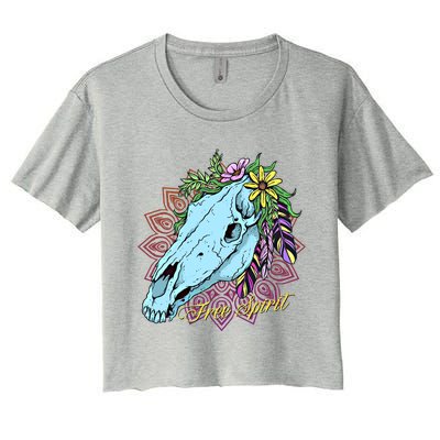 Free Spirit Boho Floral Horse Skull Cow Rodeo Horse Lover Gift Women's Crop Top Tee