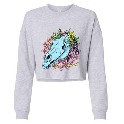 Free Spirit Boho Floral Horse Skull Cow Rodeo Horse Lover Gift Cropped Pullover Crew