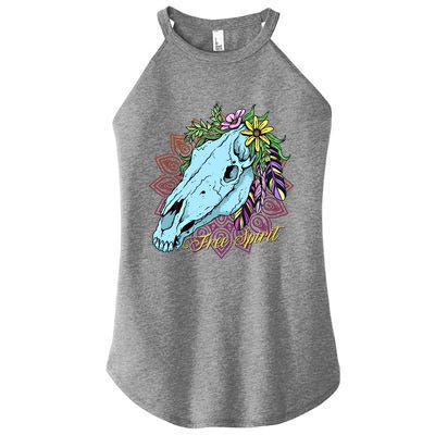 Free Spirit Boho Floral Horse Skull Cow Rodeo Horse Lover Gift Women's Perfect Tri Rocker Tank