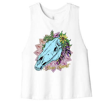 Free Spirit Boho Floral Horse Skull Cow Rodeo Horse Lover Gift Women's Racerback Cropped Tank