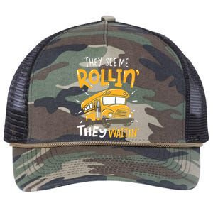 Funny School Bus Driver They See Me Rollin They Waitin Retro Rope Trucker Hat Cap