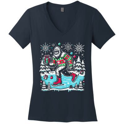 Funny Sweater Bigfoot Xmas Santa Hat Ugly Bigfoot Christmas Women's V-Neck T-Shirt