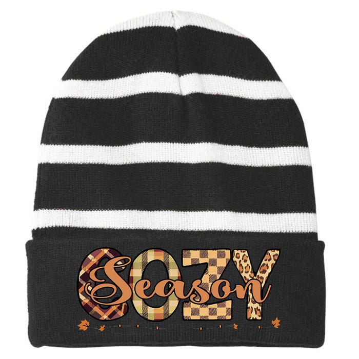 Fall Season Cozy Vibes Vintage Cute Winter Quote Striped Beanie with Solid Band