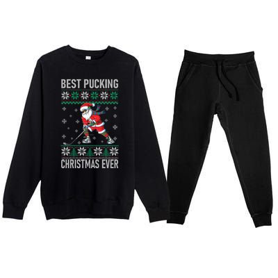 Funny Santa Claus Christmas Ice Hockey Ugly Sweater Meaningful Gift Premium Crewneck Sweatsuit Set