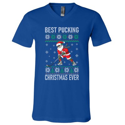 Funny Santa Claus Christmas Ice Hockey Ugly Sweater Meaningful Gift V-Neck T-Shirt