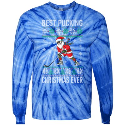 Funny Santa Claus Christmas Ice Hockey Ugly Sweater Meaningful Gift Tie-Dye Long Sleeve Shirt