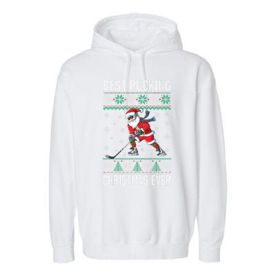 Funny Santa Claus Christmas Ice Hockey Ugly Sweater Meaningful Gift Garment-Dyed Fleece Hoodie