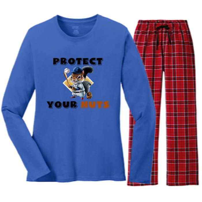 Funny Squirrel Catcher Protect Your Nuts Baseball Gift Women's Long Sleeve Flannel Pajama Set 