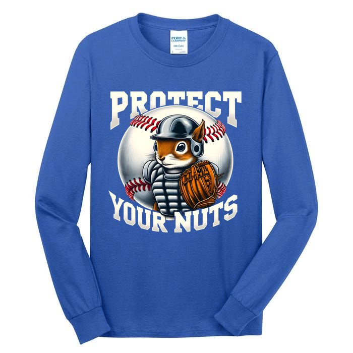 Funny Squirrel Catcher Protect Your Nuts Baseball Lover Gift Tall Long Sleeve T-Shirt