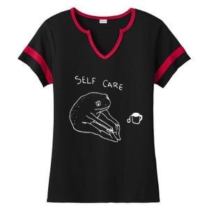 Funny Self Care Frog Drinking Tea Yoga Positive Frog Lover Ladies Halftime Notch Neck Tee