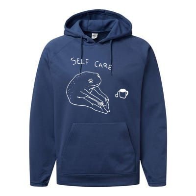 Funny Self Care Frog Drinking Tea Yoga Positive Frog Lover Performance Fleece Hoodie