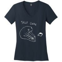 Funny Self Care Frog Drinking Tea Yoga Positive Frog Lover Women's V-Neck T-Shirt