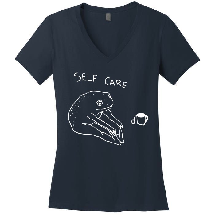 Funny Self Care Frog Drinking Tea Yoga Positive Frog Lover Women's V-Neck T-Shirt